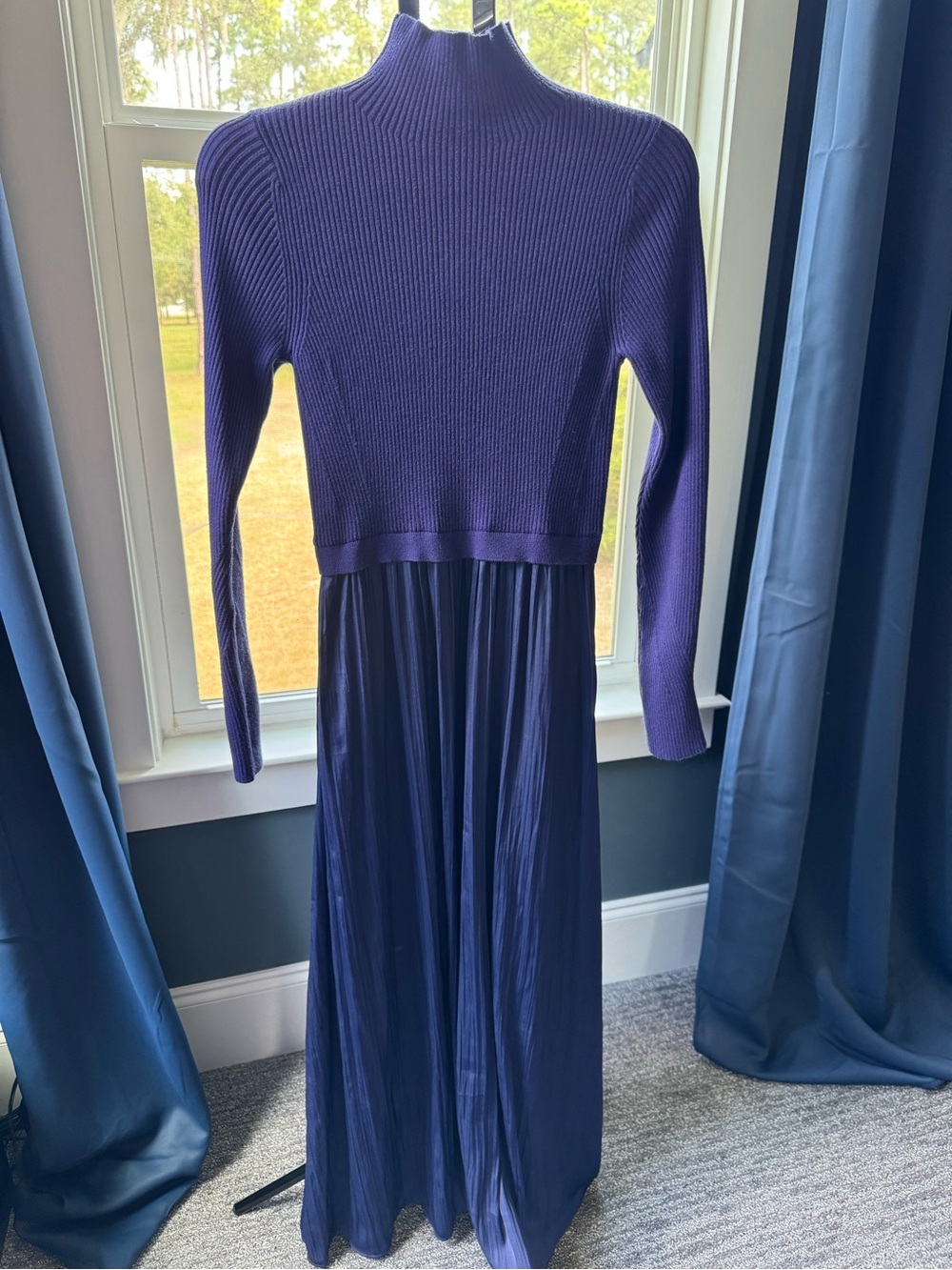 Anthropologie The Thea Twofer Maxi Dress Ribbed Pleated Navy Blue Size Medium